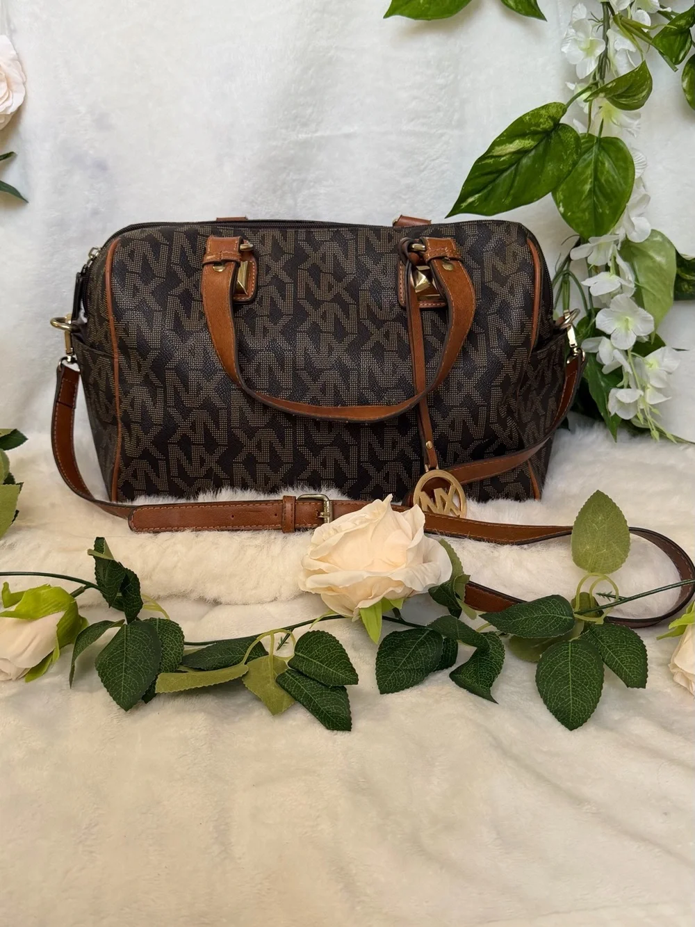 NX Noble Exchange Brown Monogram Large Satchel Shoulder Crossbody Bag